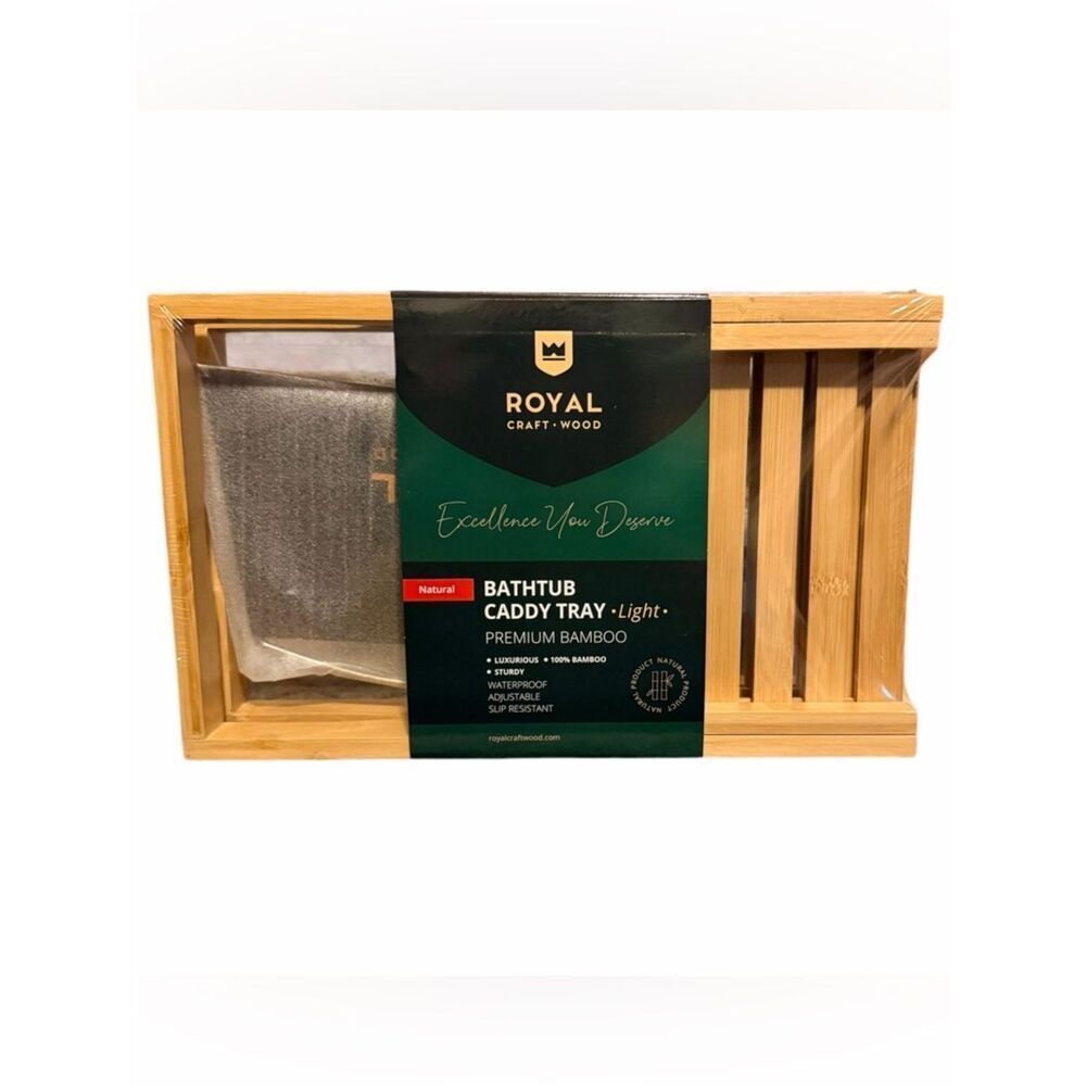 Royal Craft Wood Bamboo Bathtub Caddy Tray Lite Natural Premium NIB Adjustable